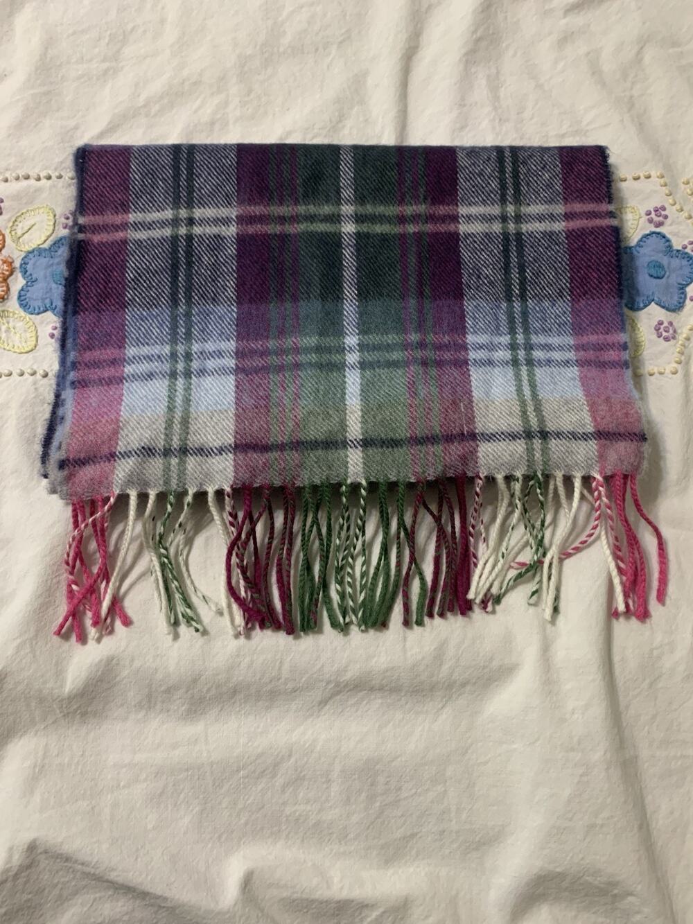 Aran Sweater Market 100% Wool Tweed Plaid Fringe Multicolor Rectangle Scarf